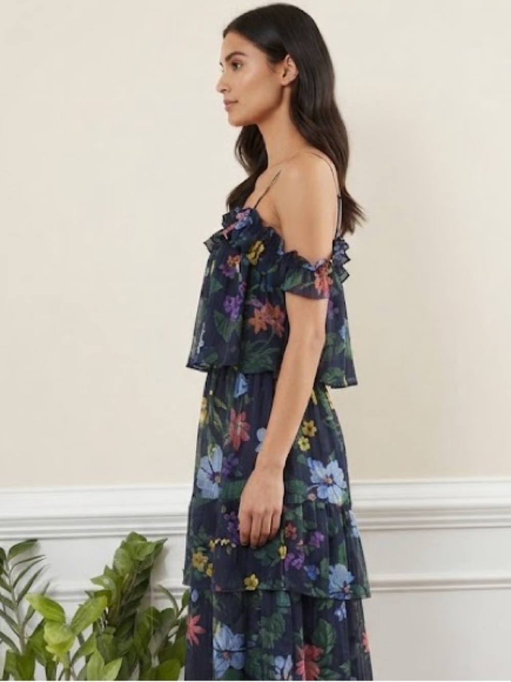 Club Monaco Silk 100% Floral Tiered Midi Dress Spagetti straps Drop Shoulder S/M - Picture 6 of 16